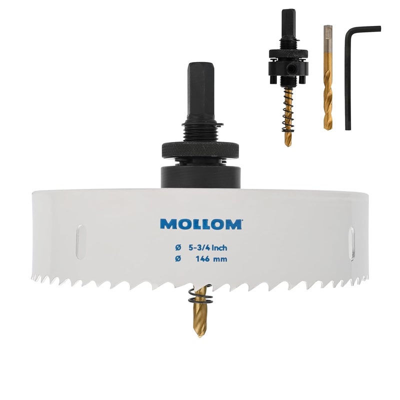 Mollom (146mm | 5-3/4") HSS M42 with 8% Cobalt BI-Metal Hole Saw with 2 Pilot Drill Bits & Arbor Smooth Cutting for PVC,Drywall,Wood,Plastic,Gypsum Board,Rubber - Image 1